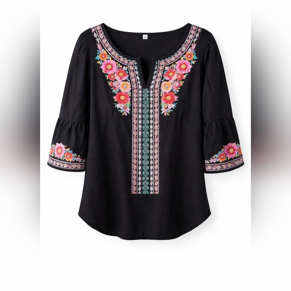 Tops - Boho Embroidered Cotton Tunic Top 2XL Black Floral Peasant Johnny Was Style